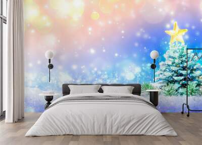 Frosty Pine Cone Decorated Like Xmas Tree On Snow With Bright Shining Star And Soft Bokeh Background - Christmas Concept Wall mural