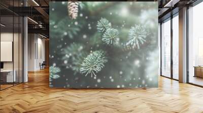 Frosty Pine Cones Hanging From Evergreen Branches With Falling Snow / Christmas Decoration Concept Wall mural