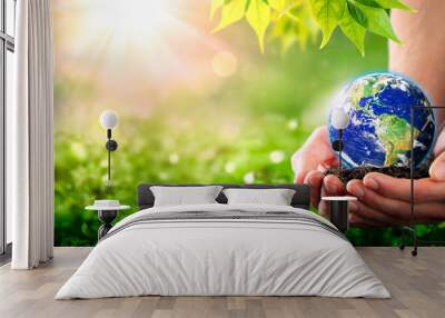 Hands Holding Planet Earth On Soil In Lush Green Environment With Sunlight - The Environment Concept - Some Elements Of This Image Were Provided By NASA Wall mural