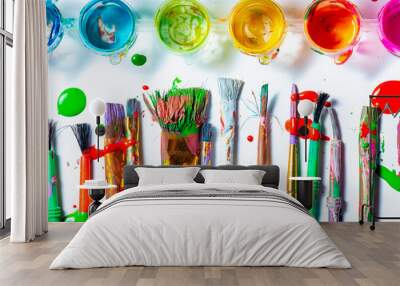 Row Of Messy Colorful Paint Brushes And Containers On Isolated White Background - Creativity Concept Wall mural