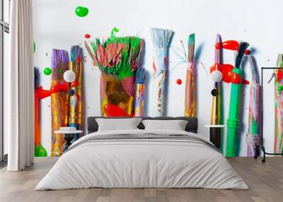 Row Of Messy Colorful Paint Brushes On Isolated White Background - Creativity Concept Wall mural