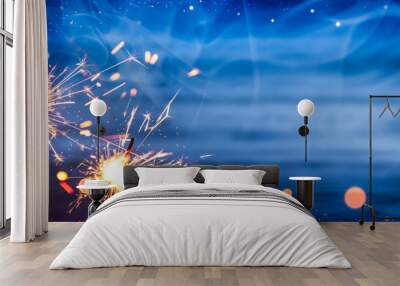 Sparklers With Smoke And Bokeh On Wooden Background - Independence Day Celebration Concept Wall mural