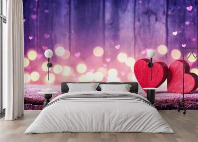 Two Red Hearts On Rustic Table With Soft Lights On Wooden Background - Valentine's Day Concept Wall mural