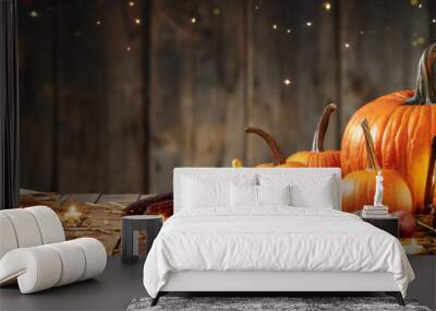 Wooden Table With Lantern And Candles Decorated With Pumpkins, Corncobs, Apples And Gourds With Wooden Background - Thanksgiving / Harvest Concept Wall mural