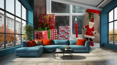 Christmas gifts decoration near the rustic window Wall mural