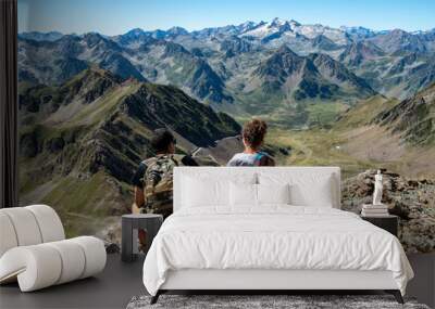 couple of hiker in the french Pyrenees mountains Wall mural