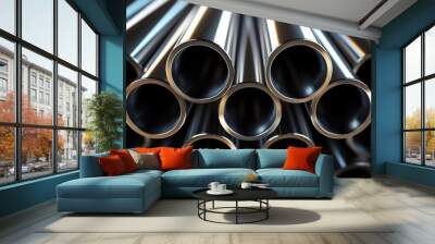  A detailed close-up shot of a stack of shiny stainless steel pipes arranged in a pattern. Wall mural