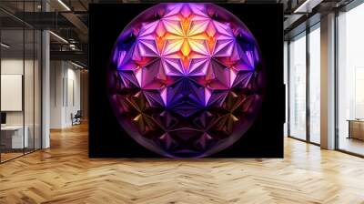 3d render of abstract art 3d surreal ball in glass with cubical fractal alien mechanical cyber structure inside as quantum mechanism in pink and yellow gradient color metal on black back Wall mural