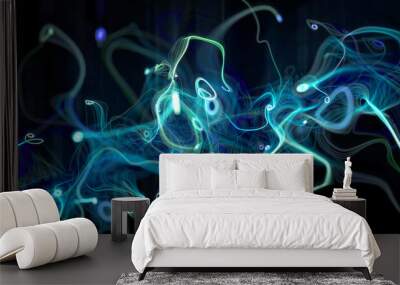 3d render of abstract art of surreal 3d fantasy magic mystery 3d background based on curve round twisted spirals glowing lines strings in neon azure green and blue gradient color in the black back Wall mural