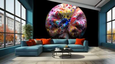 3d render of abstract art of surreal 3d glass ball with organic abstract coral reef or damaged asteroid stone inside in purple green and blue color on black background Wall mural