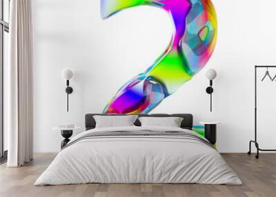 3d render of abstract art of surreal 3d liquid number two 2 in organic curve round wavy shape in matte plastic material with glass parts in yellow green purple blue gradient color on white background Wall mural