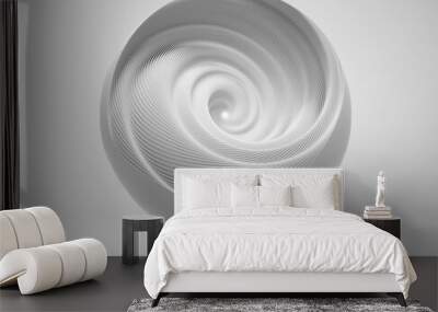 3d render of abstract art of surreal 3d mechanical ball in swirl infinity twisted round shape in light grey matte plastic material with light inside on white background Wall mural