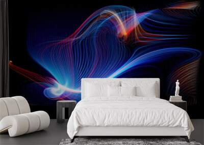 3d render of abstract art of surreal background with curve wavy spiral and twisted magic miracle fantasy concentric tungsten filament lines in yellow and blue gradient glowing color light in the dark Wall mural