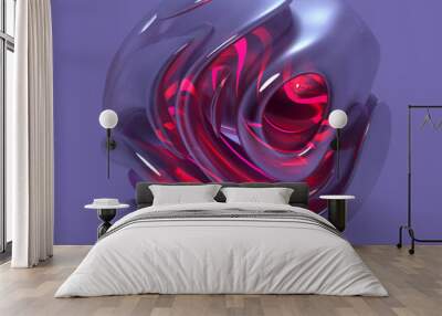 3d render of abstract art surreal 3d alien ball r sphere in curve wavy round organic lines forms in matte transparent plastic material with pink glowing lines inside as core on dark grey purple back Wall mural