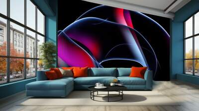 3d render of abstract art with part of surreal alien flower ball in curve wavy organic spherical biological lines forms in transparent glowing material in red purple white gradient color on black  Wall mural