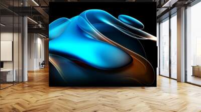 3d render of abstract art with part of surreal alien flower in curve wavy organic elegance biological lines forms in transparent glowing metal material in blue and orange gradient color on black Wall mural