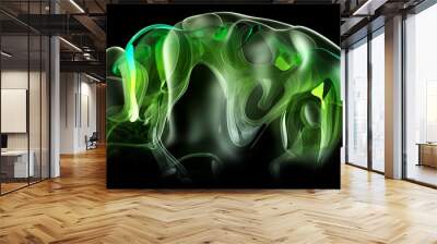 3d render of abstract art with part of surreal alien flower in curve wavy organic elegance biological lines forms in transparent glowing silky plastic green and white gradient color on black Wall mural