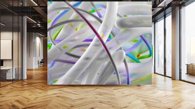 3d render of abstract art with surreal 3d background based on cords in curve lines in transparent plastic and rubber materials in white green blue and yellow gradient color on grey  Wall mural