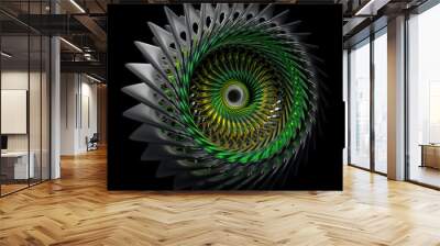 3d render of abstract art with surreal 3d machinery industrial turbine jet engine or wheel in spherical spiral twisted shape with sharp fractal blades in glowing green and black metal Wall mural