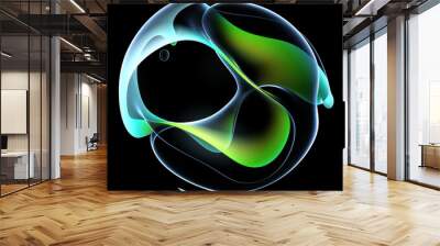 3d render of abstract art with surreal alien flower in curve wavy organic spherical biological lines forms in transparent glowing material in azure green gradient color on black background Wall mural