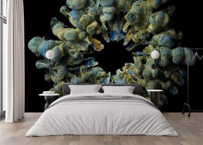 3d render of abstract art with surreal blossom alien flower or round explosive smoke structure based on small balls spheres sand particles in yellow gold blue white color on isolated black background Wall mural