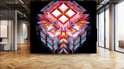 3d render of abstract art with surreal cyber futuristic alien fractal alien mechanism in cubical shape in white plastic with glass parts in red and orange gradient color on isolated black background Wall mural