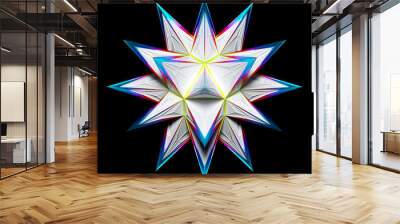 3d render of abstract art with surreal fractal alien star flower based on connected pyramids geometry figures in white plastic material with glass parts in blue purple green gradient color on black Wall mural