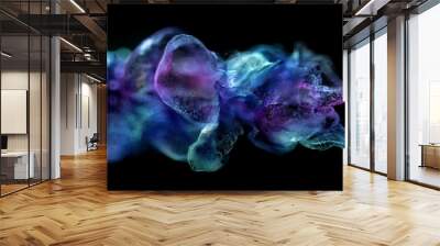 3d render of abstract art with surreal growing explosion smoke cloud splash fluid based on small blue violet and purple foam balls particles in movement, explosion process with depth of field effect Wall mural