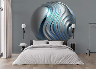 3d render of abstract metal ball in curved smooth organic wavy lines in matte aluminium material with glossy parts in blue and green gradient color on grey background Wall mural