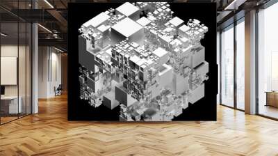 3d render of abstract surreal 3d cyber cube build structure based on small and big boxes particles in white plastic material on isolated black background in isometric view Wall mural