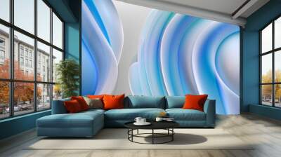 3d render with parts of abstract art of surreal alien ball or sphere in curve wavy spiral round organic smooth and soft lines forms in matte white plastic material with blue transparent glass parts  Wall mural