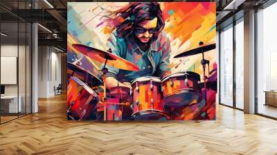 Abstract illustration of a man playing drums on a colorful background Wall mural