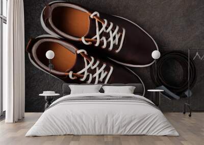 Dark brown casual leather shoes with white sole and leather belt Wall mural