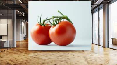 Close-up of a fresh tomatos with water droplets on its surface, still attached to its stem, against a white background. Wall mural