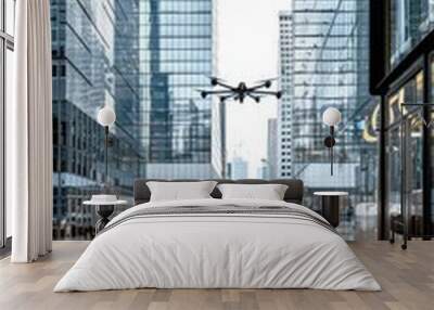 Futuristic urban skyline with sleek buildings and flying vehicles soaring through the sky Wall mural