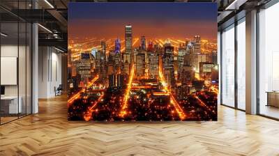 Nighttime cityscape  skyscrapers shine like a cosmic constellation against the dark sky Wall mural