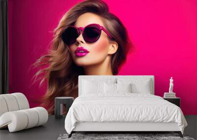 Beautiful happy young woman with bright pink lips in sunglasses against pink background Wall mural