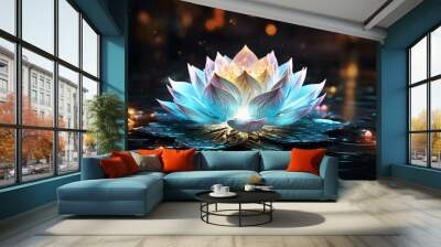 Beutiful water lily floating on the dark sparkling background Wall mural