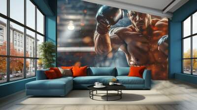 Boxer training with determination in a smoky gym Wall mural