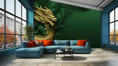 Chinese gold dragon on green background with copy space. Happy New Year of the Dragon 2024 Wall mural