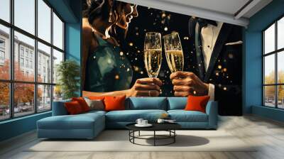 Man and woman making champagne toast. Merry Christmas and Happy New Year concept Wall mural