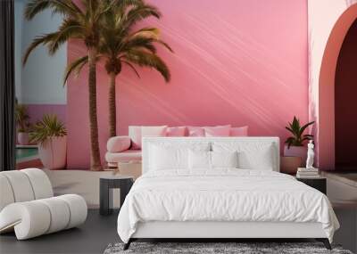 Outdoor space with sofa and palms, pink colors Wall mural