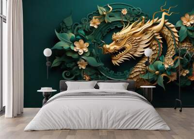 Traditional green with gold chinese dragon with copy space. New Year of the Dragon 2024 Wall mural