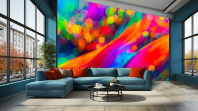 Abstract and colorful pattern of iridescent organic shapes and rainbow effect with soft flowing movement and boken effect and out of focus rain drops of coloured light Wall mural