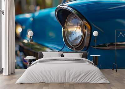 Closeup On Headlight Of A Generic Vintage Blue Car Wall mural