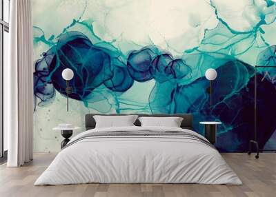 monochrome abstract alcohol ink background with watercolour deep blue  fluid elements, creative hand painted art, free white ccopy space, wallpaper for print	
 Wall mural