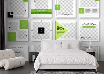 Social media post template collection with green accent. Square graphic banners for online advertisement and digital marketing. Editable real estate designs for agents Wall mural