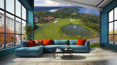 Aerial view of an artificial lake and sea in Peninsula Papagayo, Costa Rica Wall mural