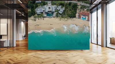 Aerial view of the sea waves touching the sandy beach of St. Martin, Baie Rouge Wall mural