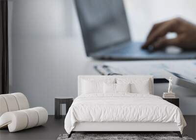 copy space, banner, panorama business woman working on the table Point to the data graph from the document on the chart. Use a calculator to calculate numbers. to analyze business growth plans. Wall mural